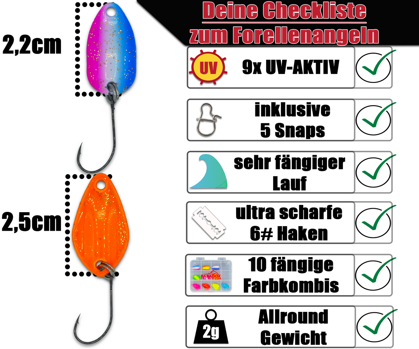 Forellen Spoon Set I 10 Spoons 2g mit Spoon Box und 5 Snaps