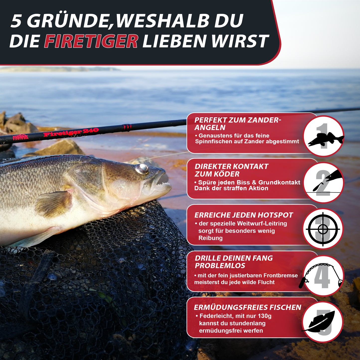 Firetiger Spinnrute 210/240/270 5-20g/15-35g/20-60g mit Infinity Spinnrolle und 150m 8x geflochtene Schnur