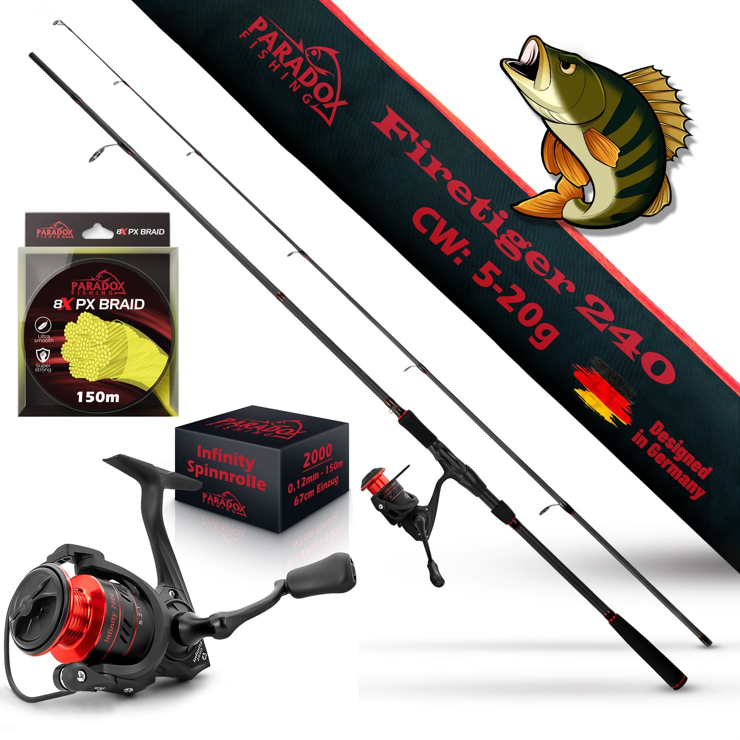 Firetiger Spinnrute 210/240/270 5-20g/15-35g/20-60g mit Infinity Spinnrolle und 150m 8x geflochtene Schnur