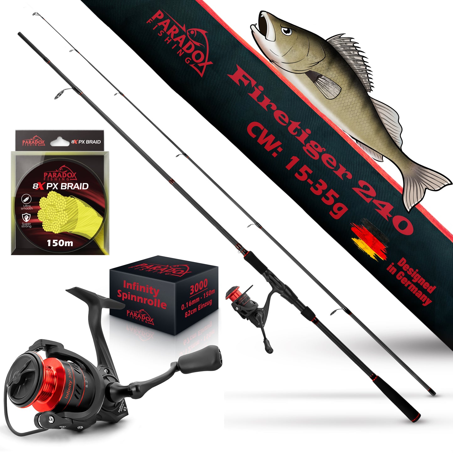 Firetiger Spinnrute 210/240/270 5-20g/15-35g/20-60g mit Infinity Spinnrolle und 150m 8x geflochtene Schnur