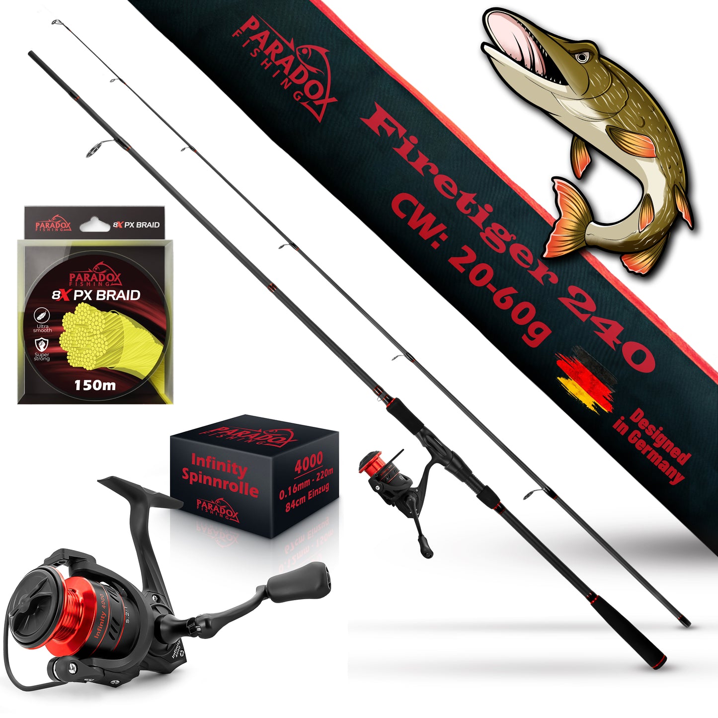 Firetiger Spinnrute 210/240/270 5-20g/15-35g/20-60g mit Infinity Spinnrolle und 150m 8x geflochtene Schnur