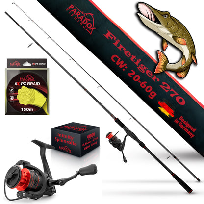 Firetiger Spinnrute 210/240/270 5-20g/15-35g/20-60g mit Infinity Spinnrolle und 150m 8x geflochtene Schnur