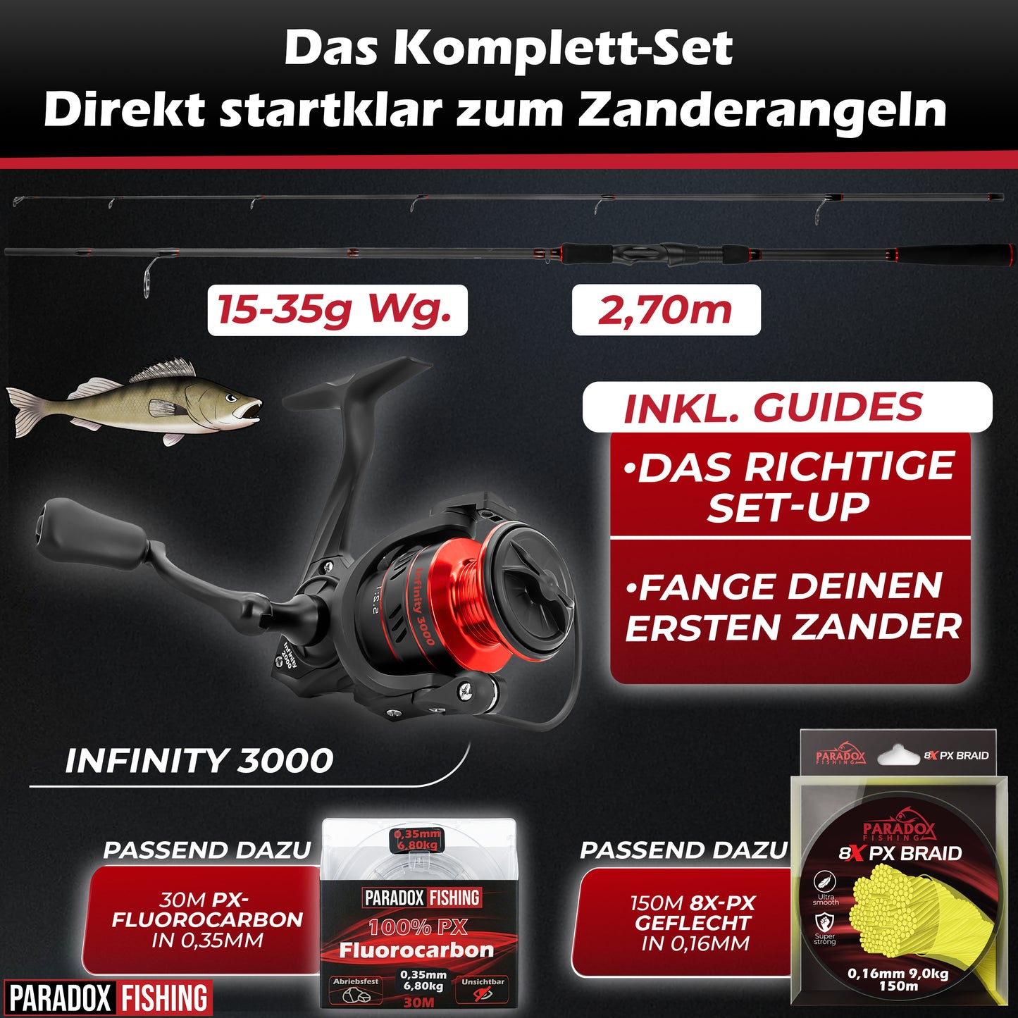 Zander Komplett Set Firetiger Spinnrute 15-35g + 3000 Rolle
