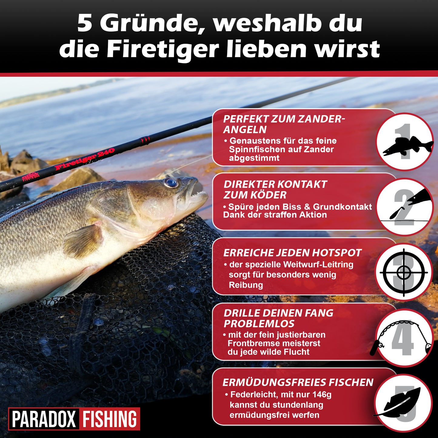 Zander Komplett Set Firetiger Spinnrute 15-35g + 3000 Rolle