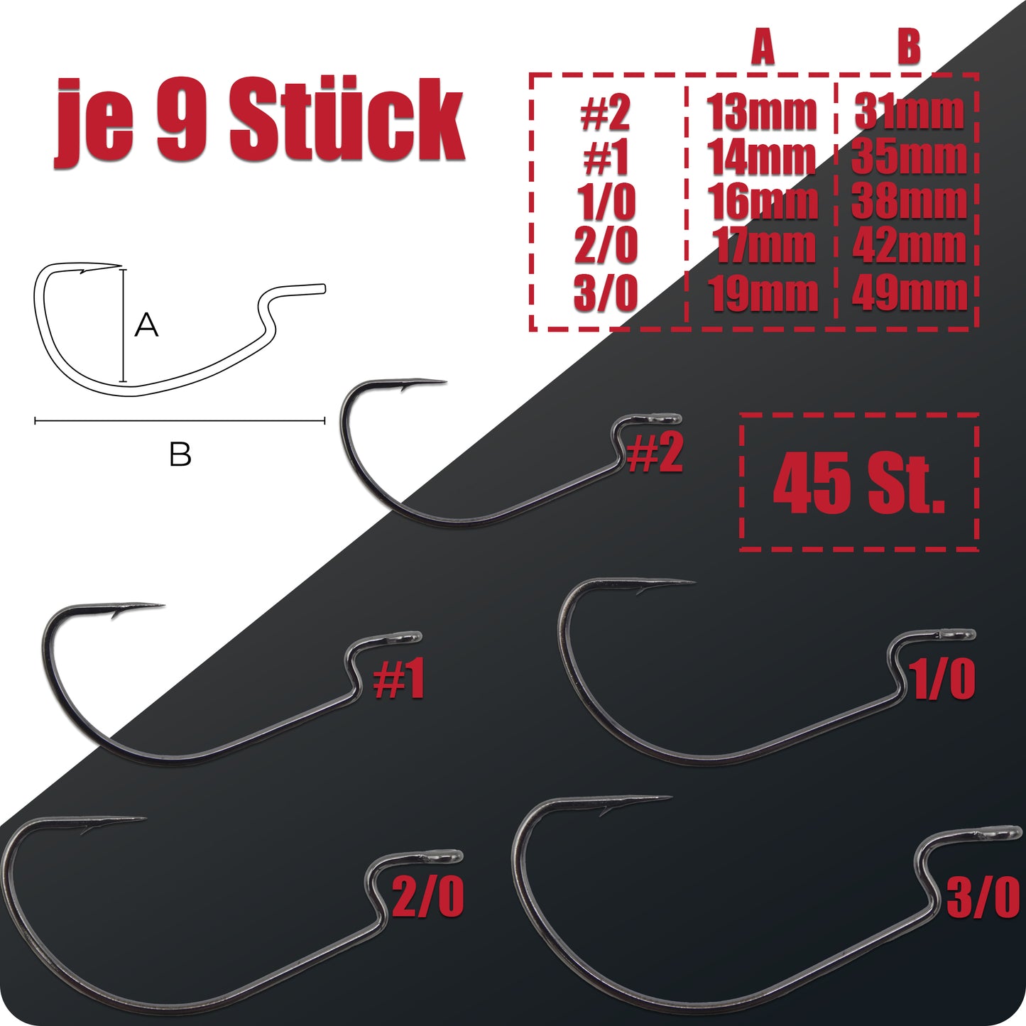 Offset Haken Set 45 Stück #2-3/0