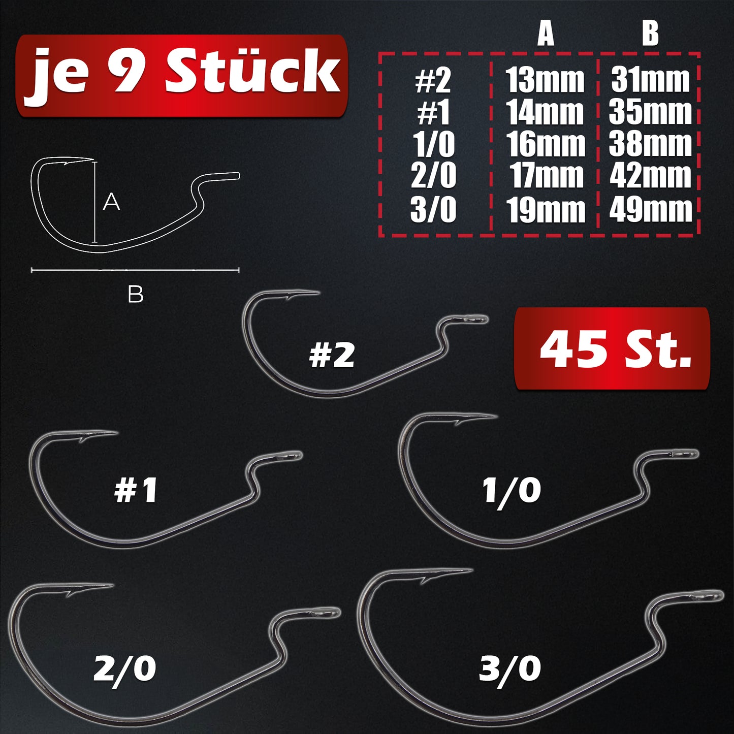 Offset Haken Set 45 Stück #2-3/0