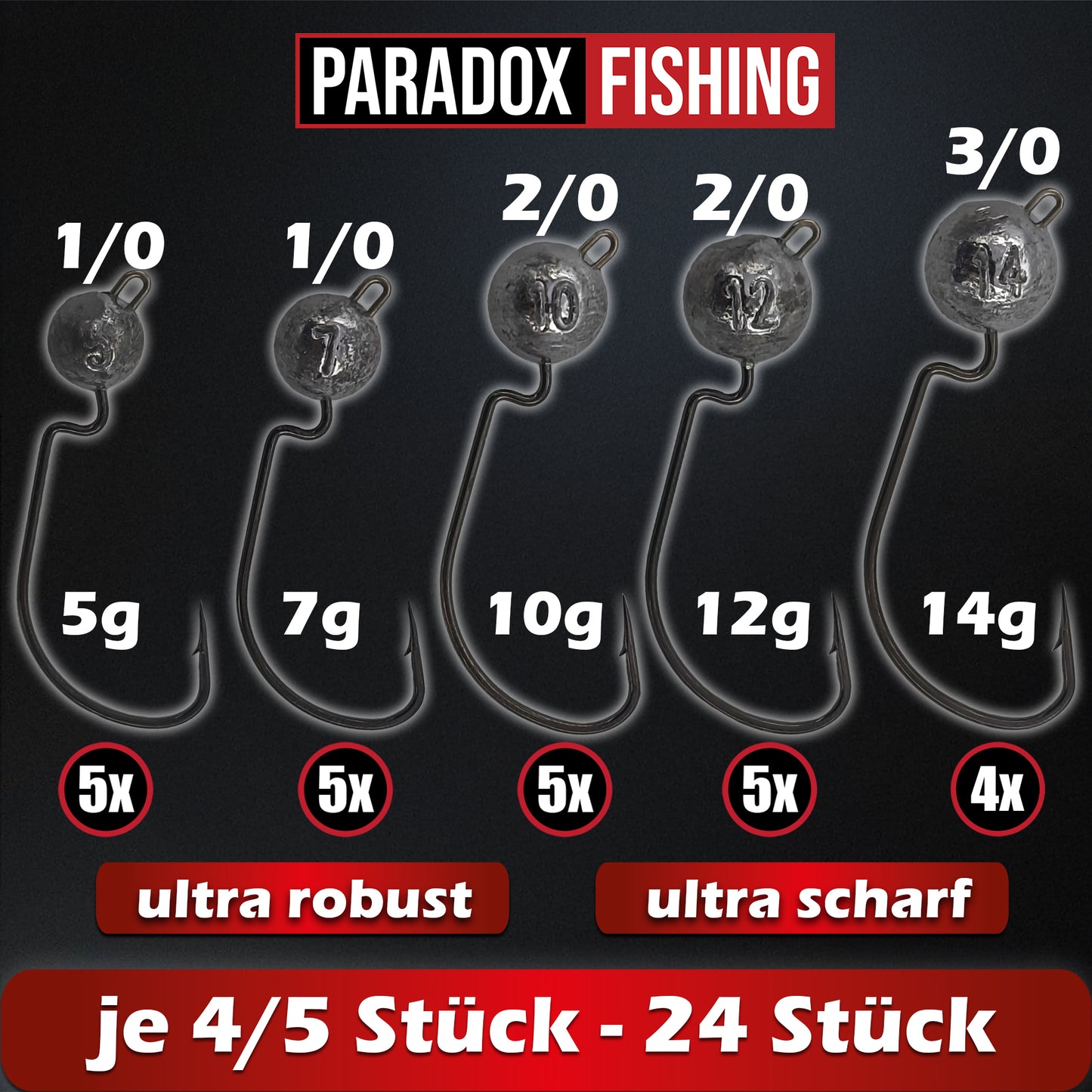 Offset Jigköpfe Set 1/0 2/0 3/0 5g-14g 24 Stück