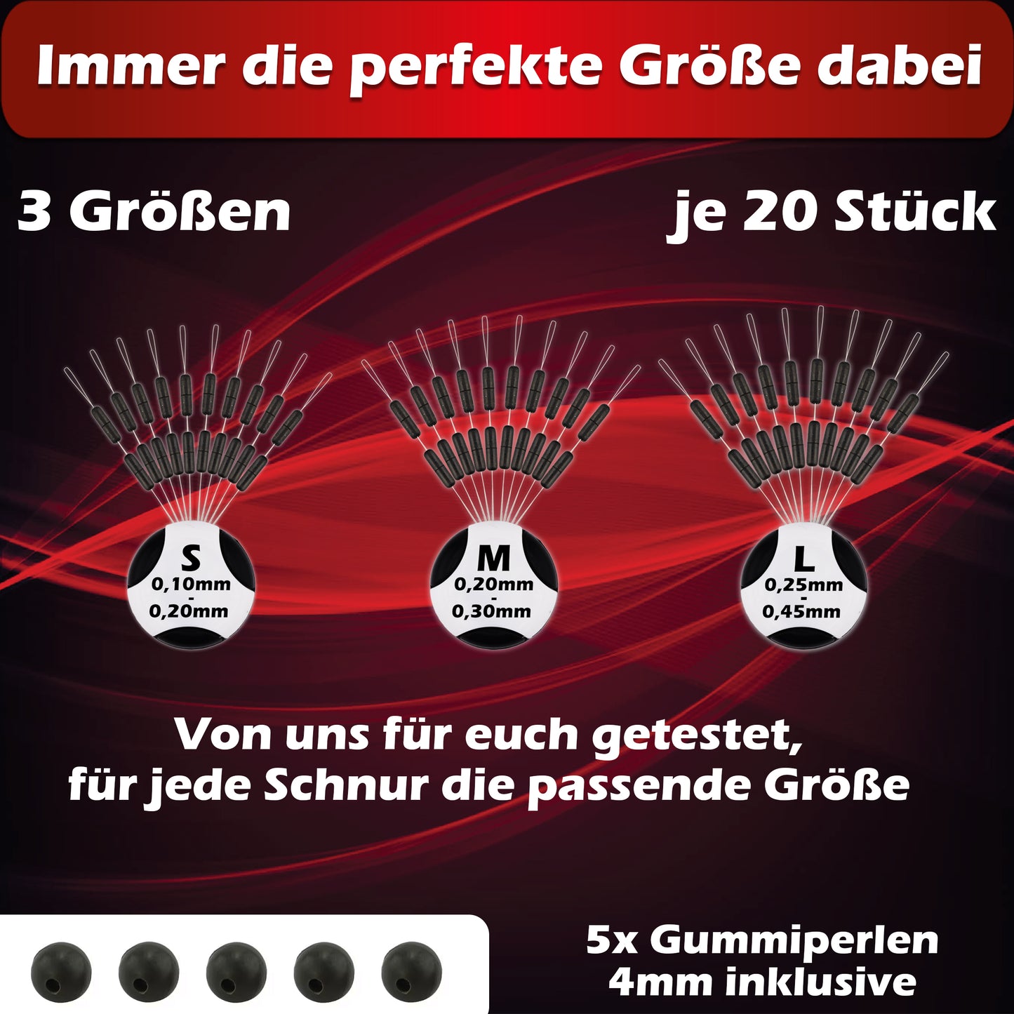 Silikon Schnurstopper S/M/L mit 5 Gummiperlen 4mm